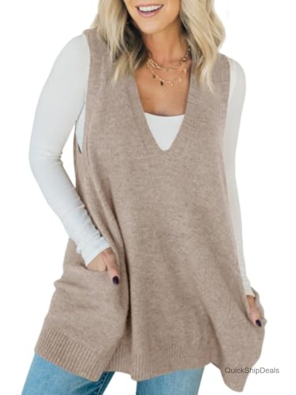 Women's Sleeveless V-Neck Knit Sweater Vest Tunic Dress Y2K Loose Fit